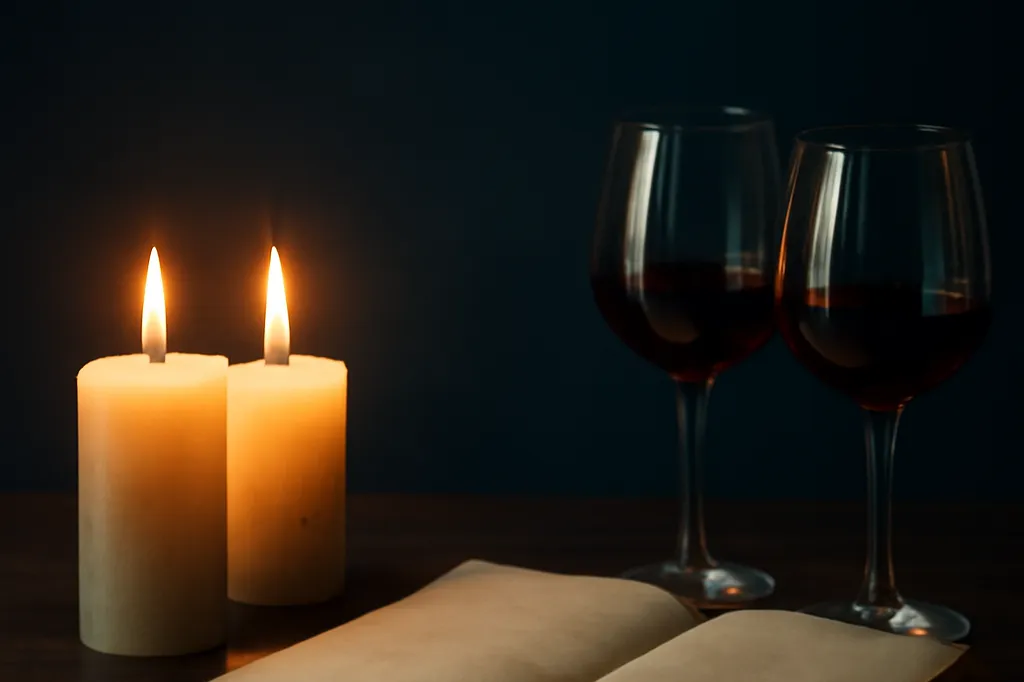 Deux bougies allumées côte à côte sur une table de bois sombre, avec deux verres de vin et un livre ancien entrouvert