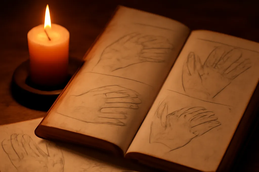 Vieux livre illustré ouvert sur des dessins de mains, à côté d'une bougie et d'une loupe en laiton, sur un bureau en bois