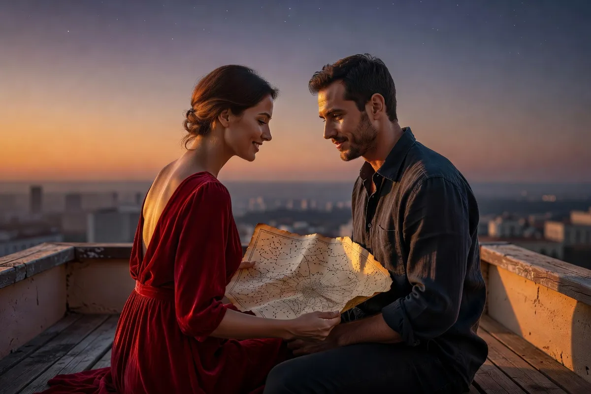 Couple assis côte à côte sur un balcon au crépuscule, une carte du ciel dépliée entre eux, la femme en robe rouge garance