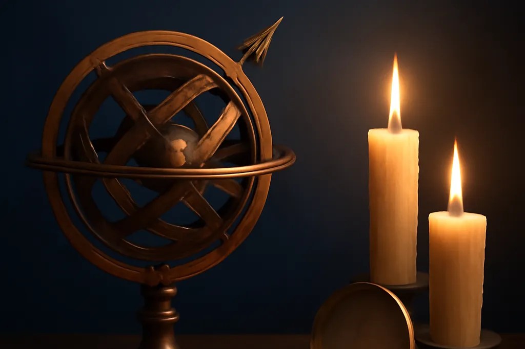 Sphère armillaire en cuivre et compas posés sur une table de bois sombre, à côté de bougies allumées, sans aucun texte