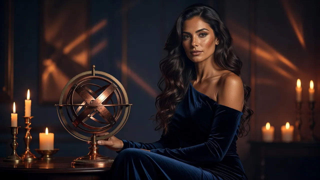 Femme brune en robe du soir bleu nuit, épaules dénudées, assise près d'une sphère armillaire en cuivre à la lueur des bougies