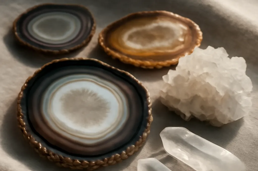 Tranches d'agate, pointes de quartz et amas de calcite disposés sur un tissu de lin gris, lumière douce de fenêtre