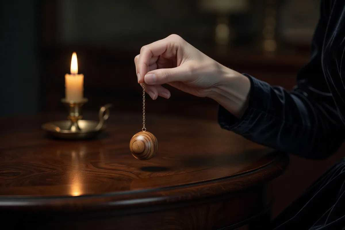 Pendule de buis sphérique suspendu à une fine chaîne dorée devant une main tenant le fil entre le pouce et l'index, sur une table de bois sombre éclairée par une bougie