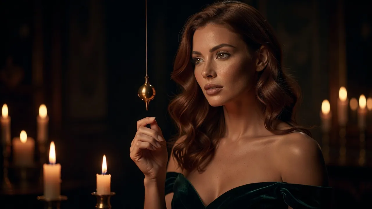 Jeune femme aux cheveux châtains en robe du soir vert sombre, épaules dénudées, regardant un pendule de laiton suspendu à son doigt, dans la moitié droite du cadre, à la lueur d'une bougie