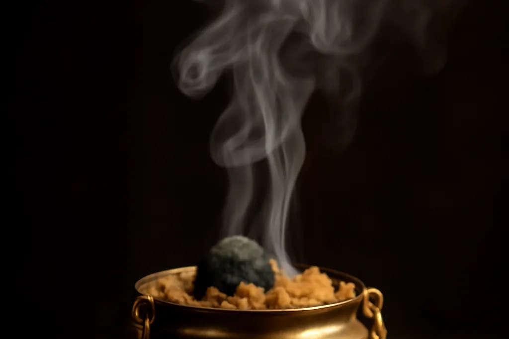 Encensoir en laiton avec un charbon gris et des grains de résine d'oliban, fumée claire s'élevant dans une lumière chaude