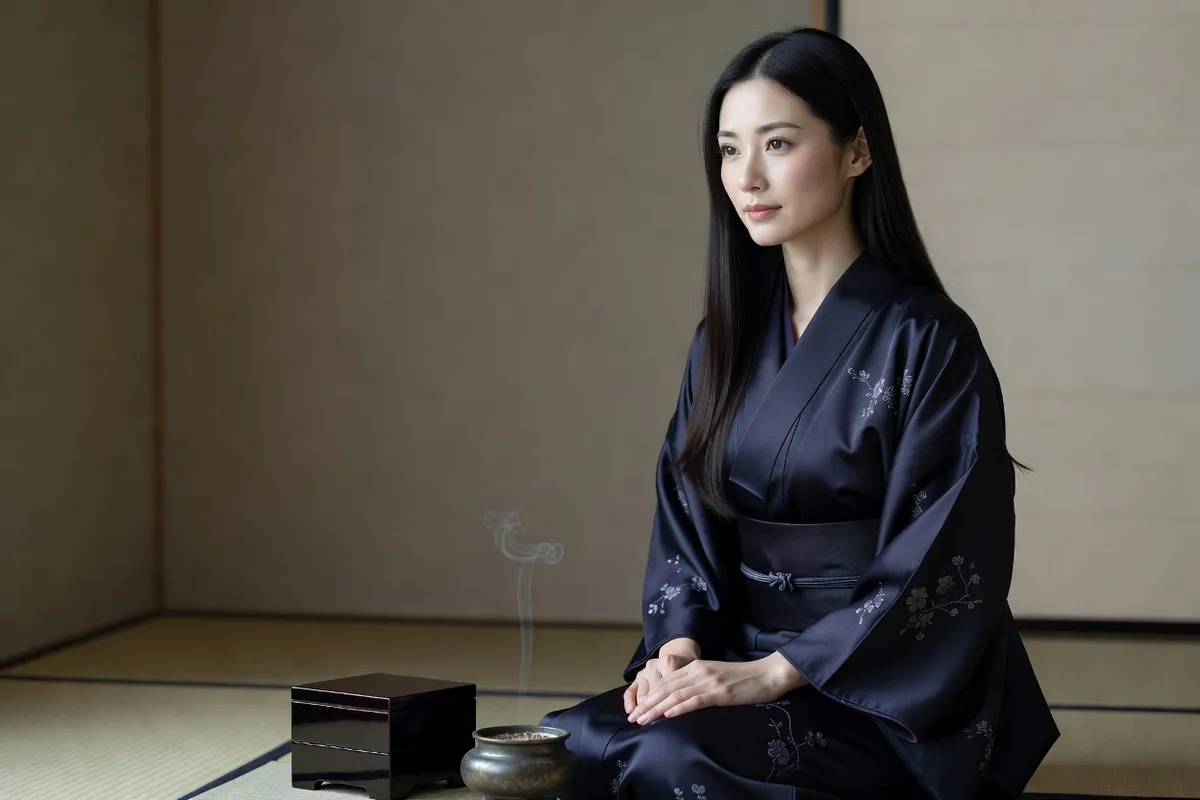 Femme aux cheveux noirs en kimono sombre, assise devant une petite boîte laquée et un brûle-encens, dans une pièce sobre