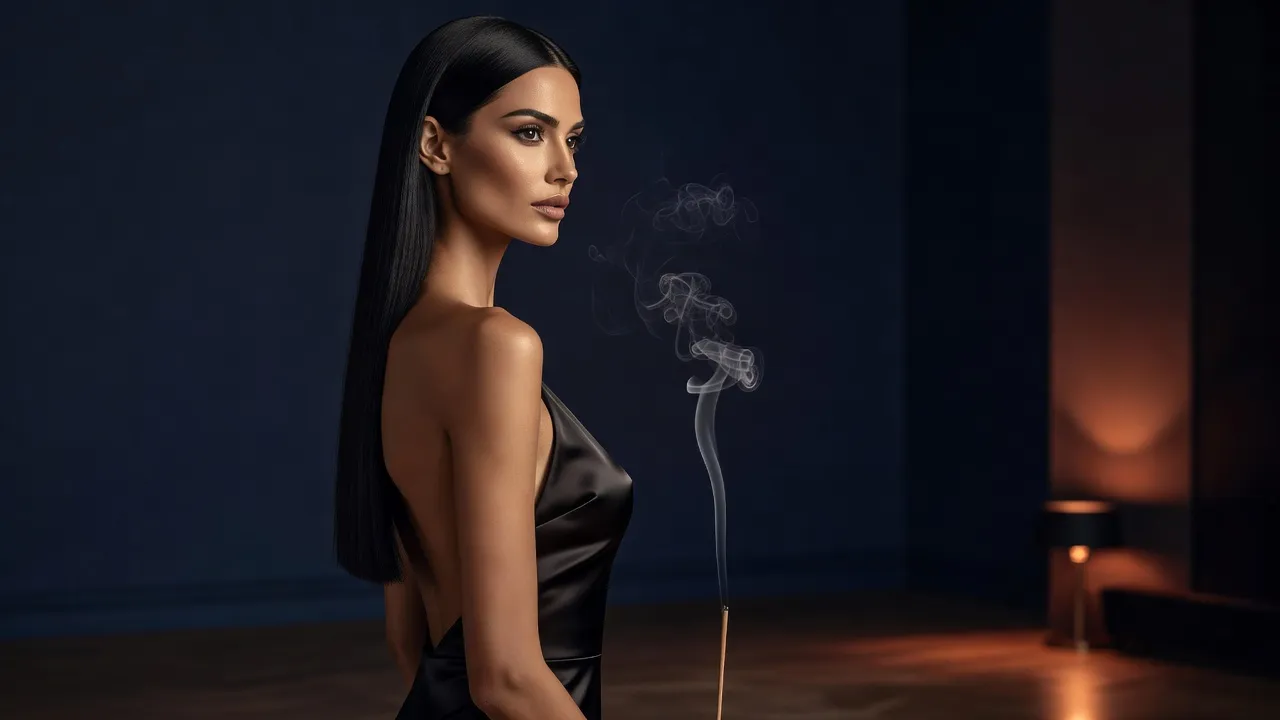 Femme brune en robe noire à dos nu, de profil, une fine volute de fumée d'encens montant d'un bâtonnet devant elle
