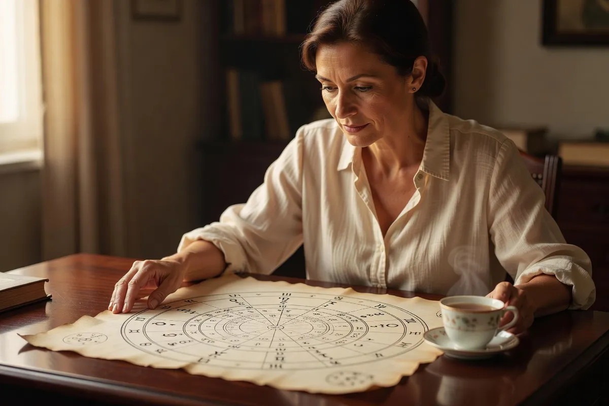 Astrologue en chemisier crème penchée sur un grand thème astral circulaire étalé sur un bureau, une tasse de thé à côté, lumière douce de fin de journée