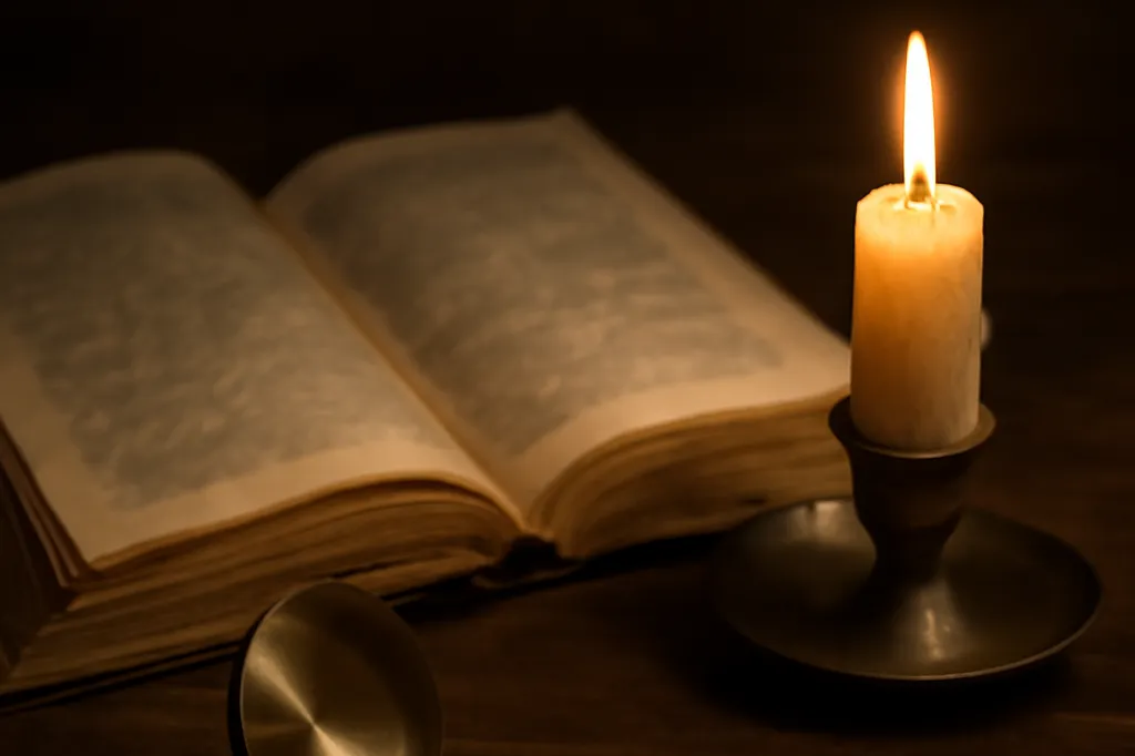 Éphéméride ouverte, compas de laiton et bougie posés sur une table de bois sombre, sans aucun texte lisible