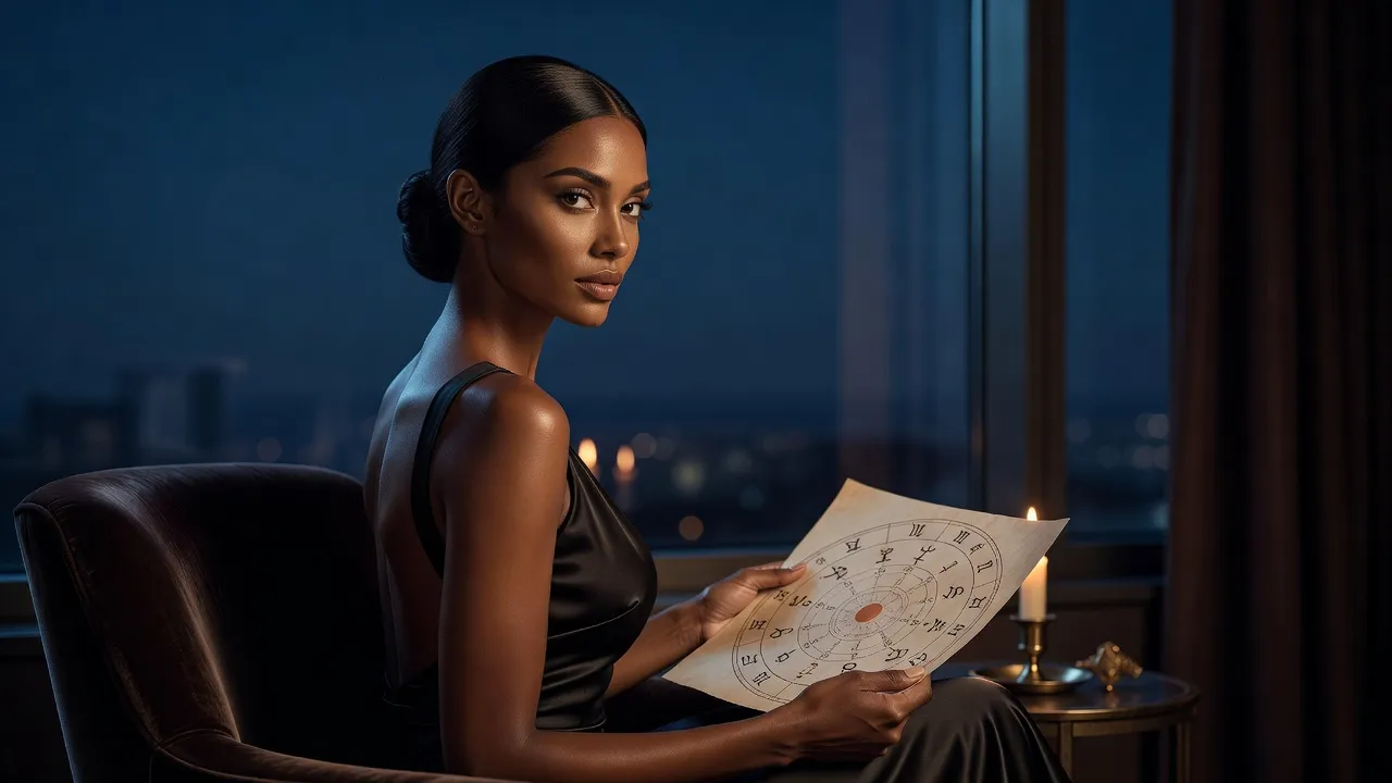 Femme brune en robe noire à dos nu, assise devant une fenêtre nocturne, un thème astral posé sur ses genoux, lumière de bougie