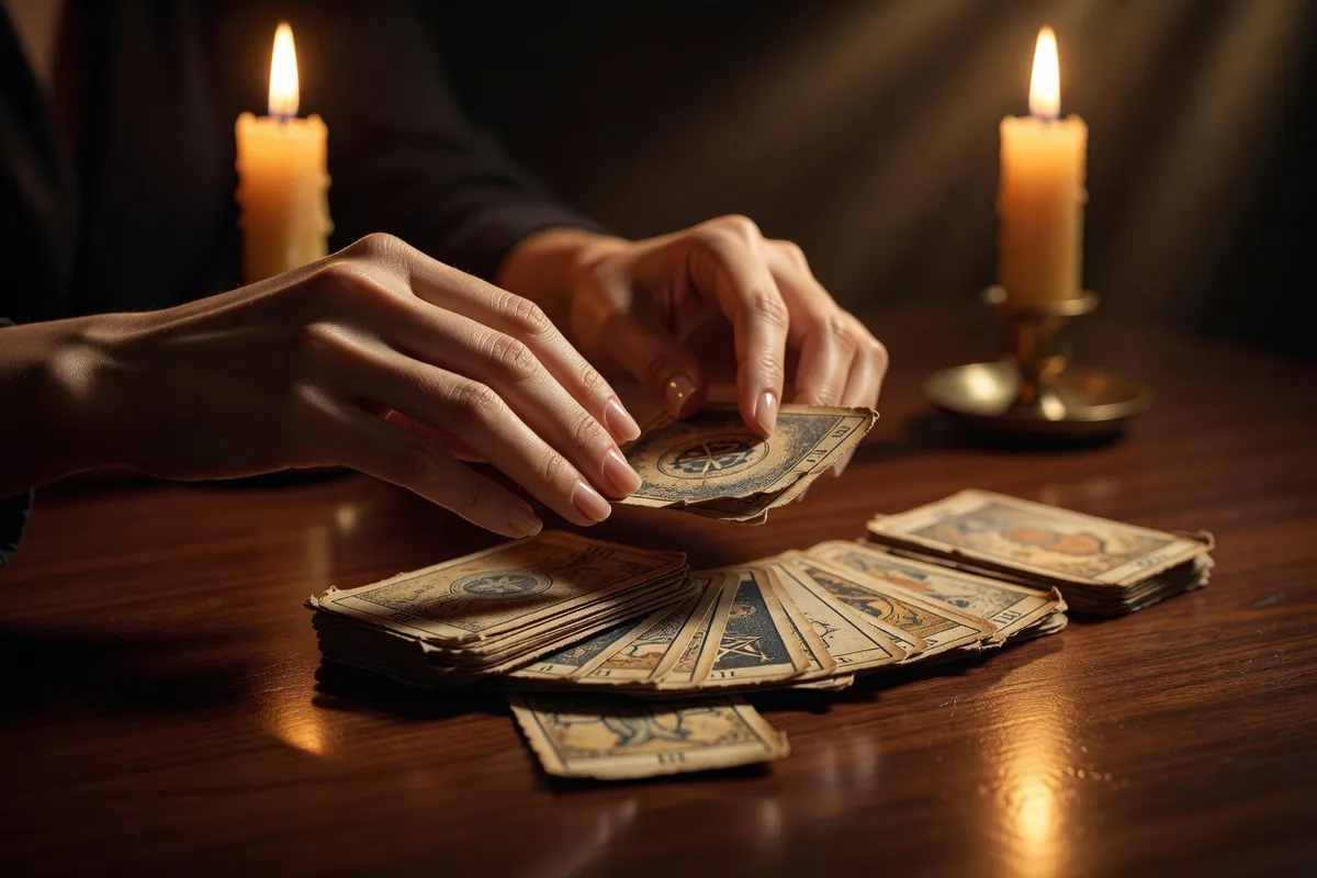 Mains de femme battant un jeu de cartes de tarot anciennes sur une table de bois, deux bougies allumées en arrière-plan