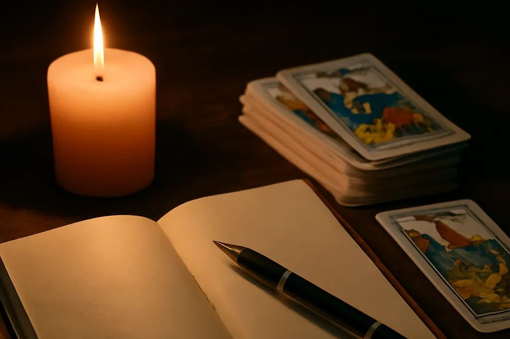 Nature morte d'un carnet ouvert, d'un stylo à plume et d'un jeu de cartes de tarot sans lettrage lisible, éclairés par une bougie