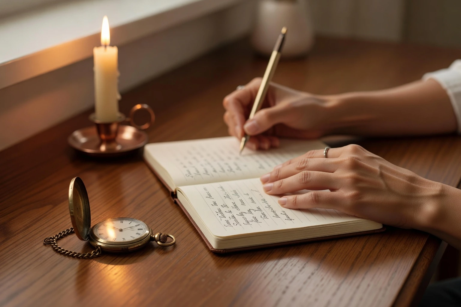 Les mains d'une femme écrivant dans un carnet posé sur un bureau en bois, une vieille montre à gousset et une bougie allumée à côté, lumière dorée du soir