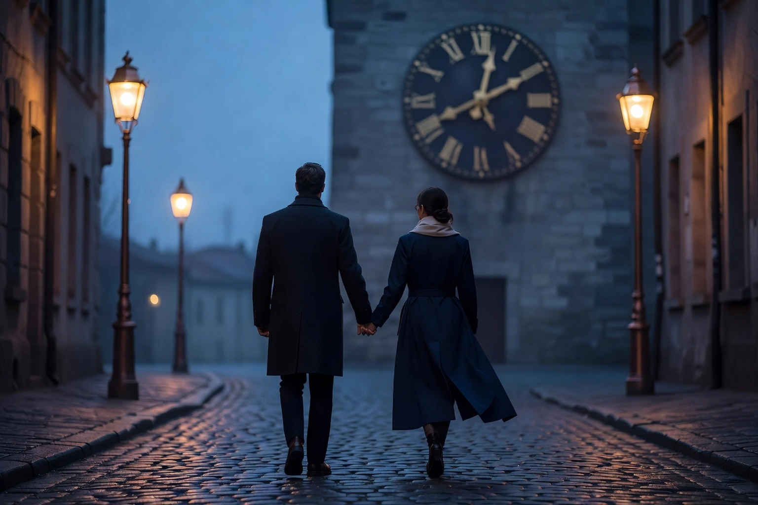 Un couple marchant main dans la main dans une rue pavée au crépuscule, vers une tour d'horloge ancienne aux réverbères chauds