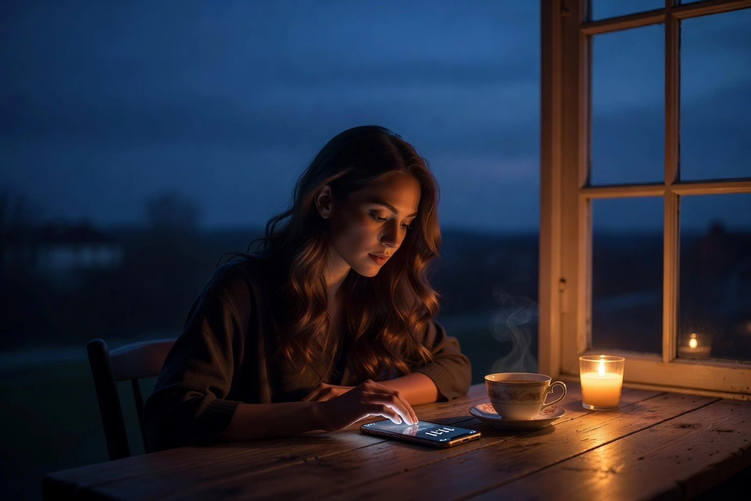 Une jeune femme assise près d'une fenêtre à l'heure bleue du soir, regardant son smartphone posé sur une table en bois qui affiche l'heure 11:11, une tasse de thé fumante à côté