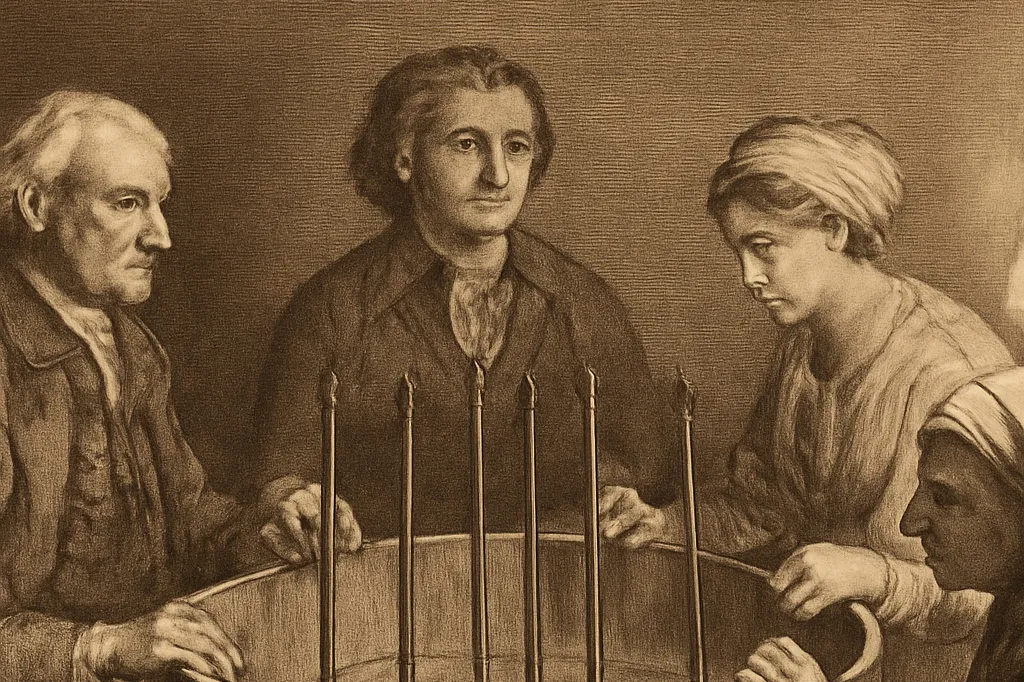 Gravure ancienne en sépia d'une séance de magnétisme au XVIIIe siècle, patients assis autour d'un grand baquet de bois relié par des cordes, éclairage de chandelles