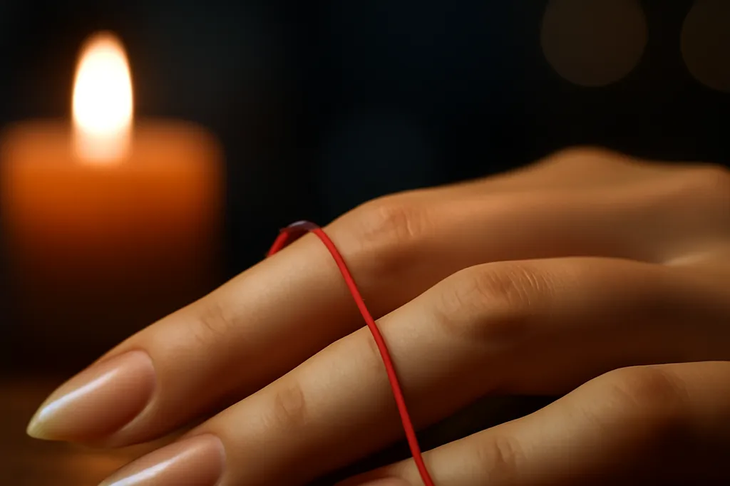 Un fil de soie rouge enroulé autour d'un petit doigt de femme, en gros plan, à la lumière d'une bougie