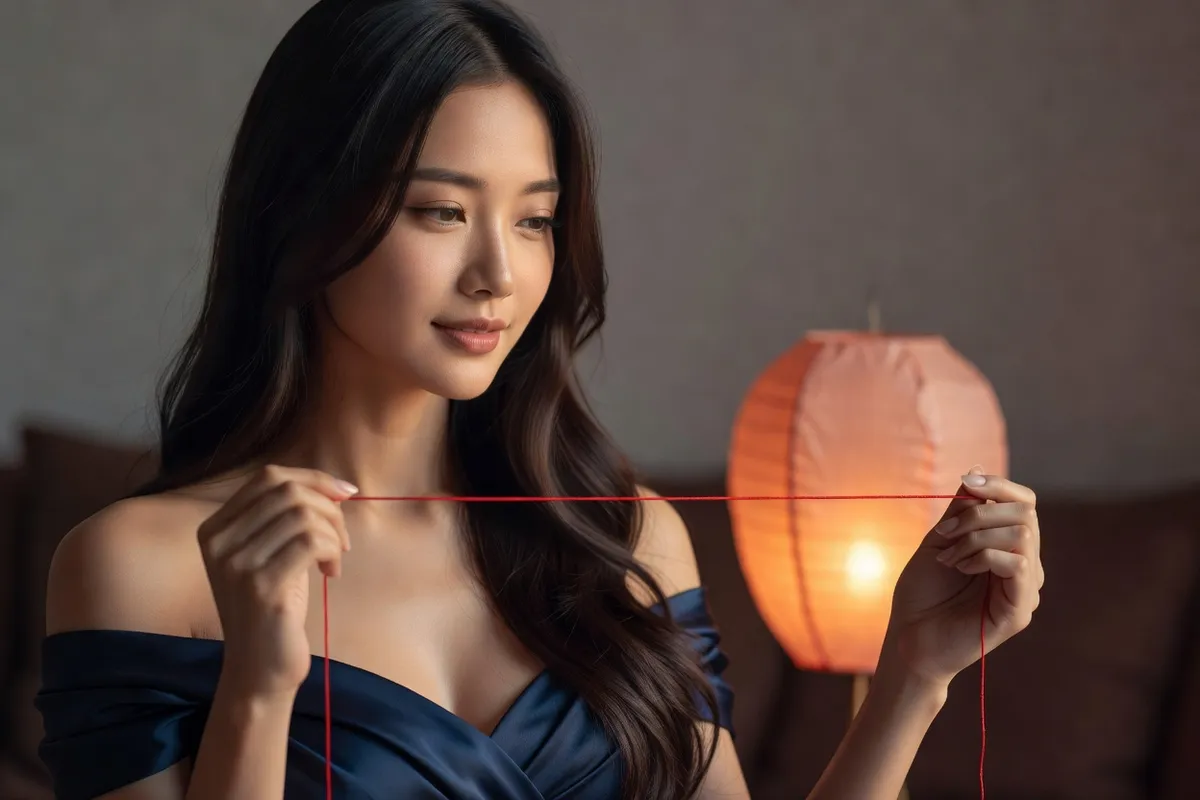 Une jeune femme en robe bleu nuit tient un fil rouge tendu entre ses mains devant une lanterne de papier allumée