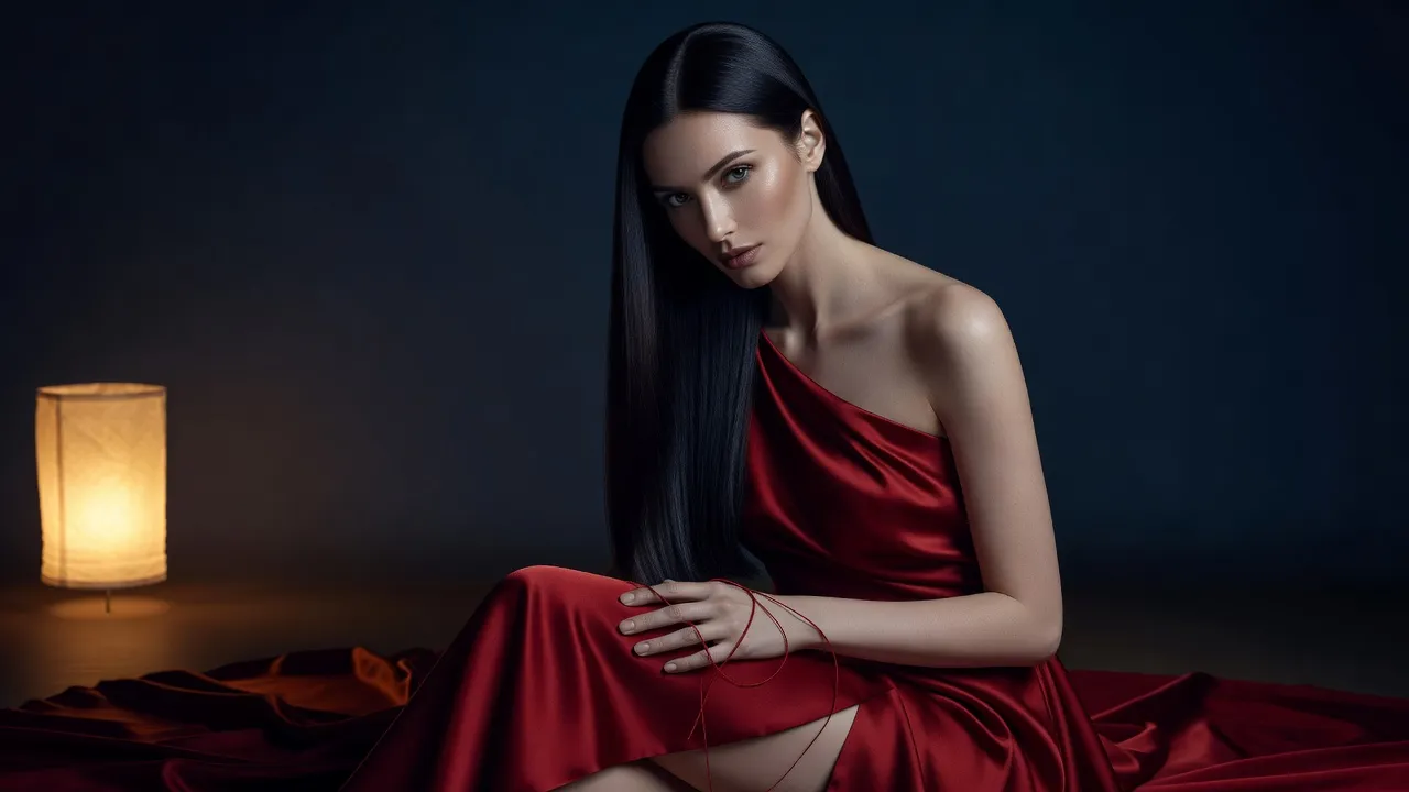 Une femme en robe de soirée rouge garance, un fil rouge enroulé autour de la main, dans la lumière dorée d'une lanterne de nuit