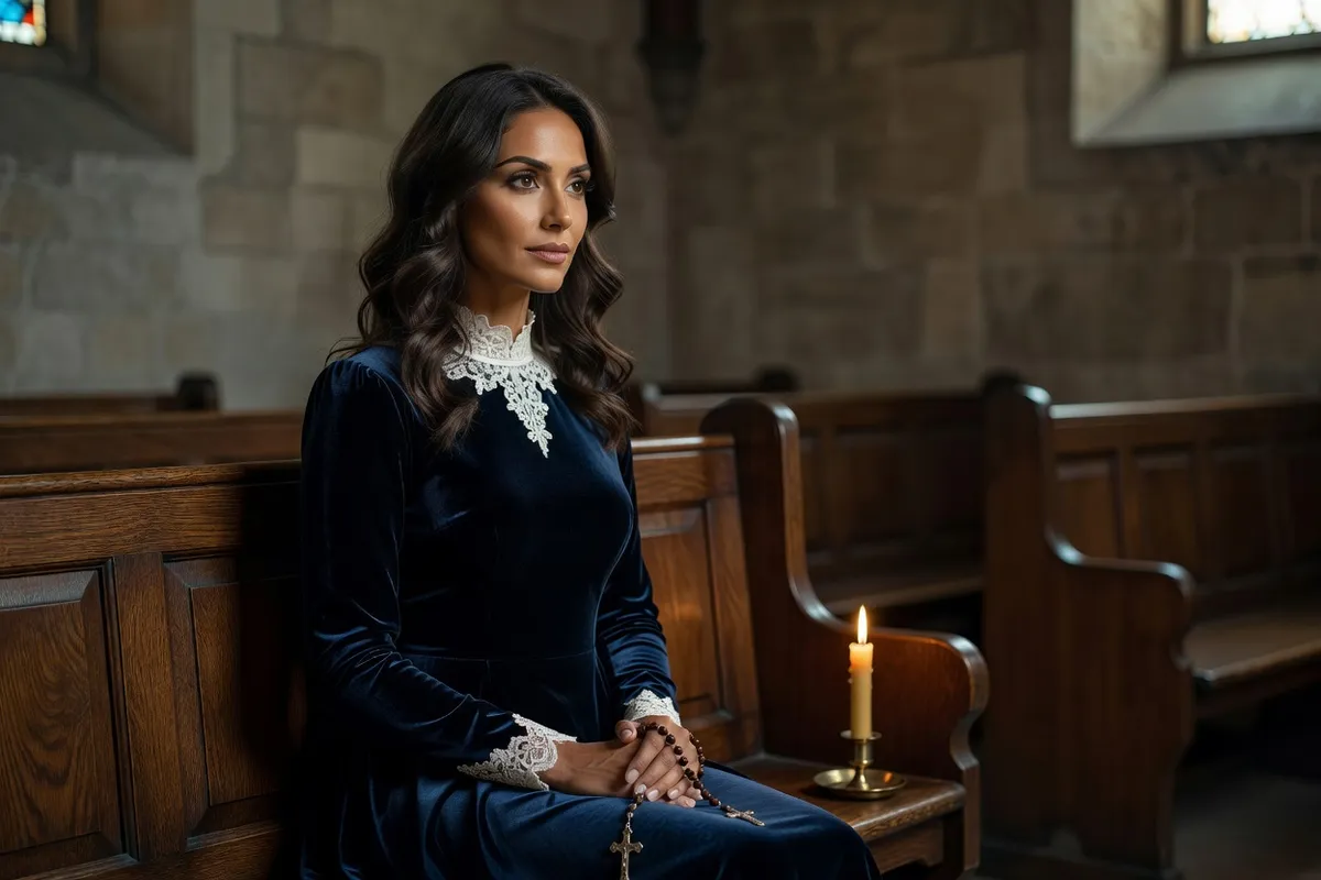 Femme brune en robe de velours bleu nuit à manches longues et col de dentelle, assise sur un banc d'église, un chapelet entre les mains