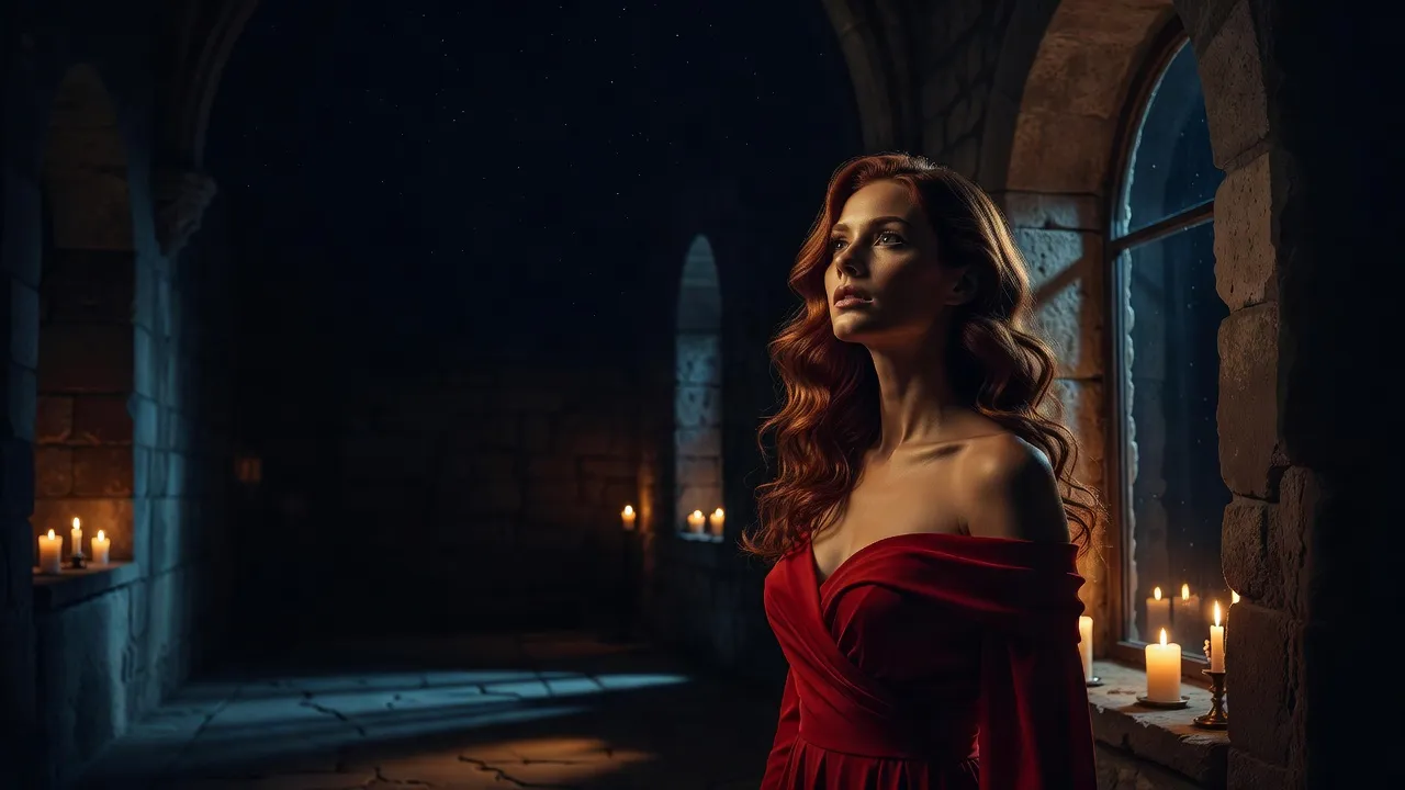 Femme aux cheveux auburn en robe du soir rouge garance, épaules dénudées, à la fenêtre d'une chapelle éclairée par des bougies, regard tourné vers la nuit