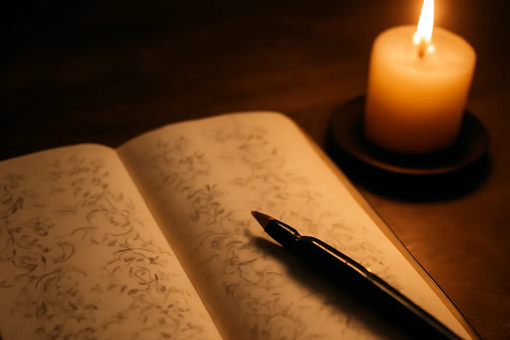 Carnet ouvert sur une table de bois sombre, rangées d'additions écrites à la main, plume et bougie allumée à côté