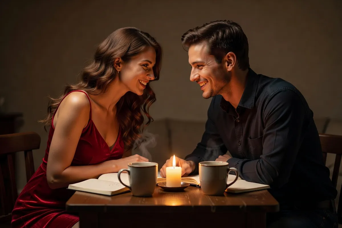 Couple assis face à face à une table à la lumière d'une bougie, deux carnets et deux tasses, penchés ensemble sur des additions