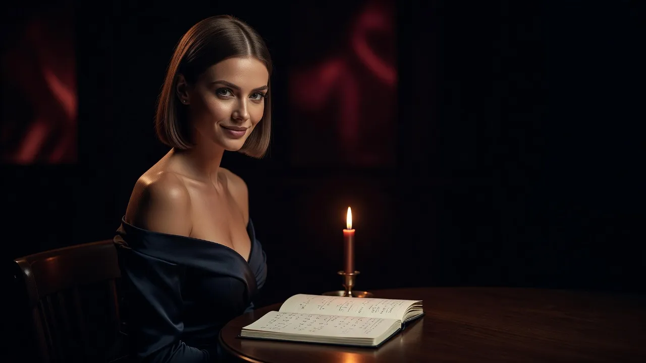 Jeune femme brune en robe du soir bleu nuit, épaules dénudées, assise près d'une bougie devant un carnet de calculs ouvert, regard vers l'objectif