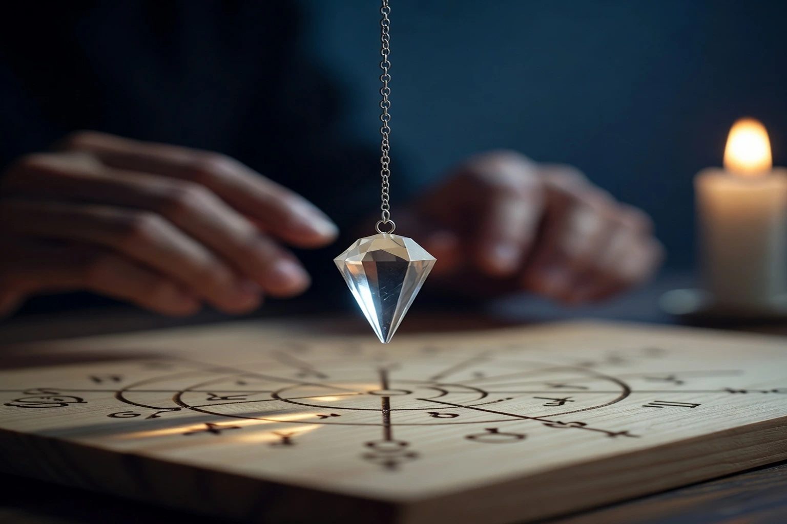 Un pendule en cristal de roche suspendu à une chaîne argentée, immobile au-dessus d'une planche de radiesthésie en bois clair, éclairé à la bougie