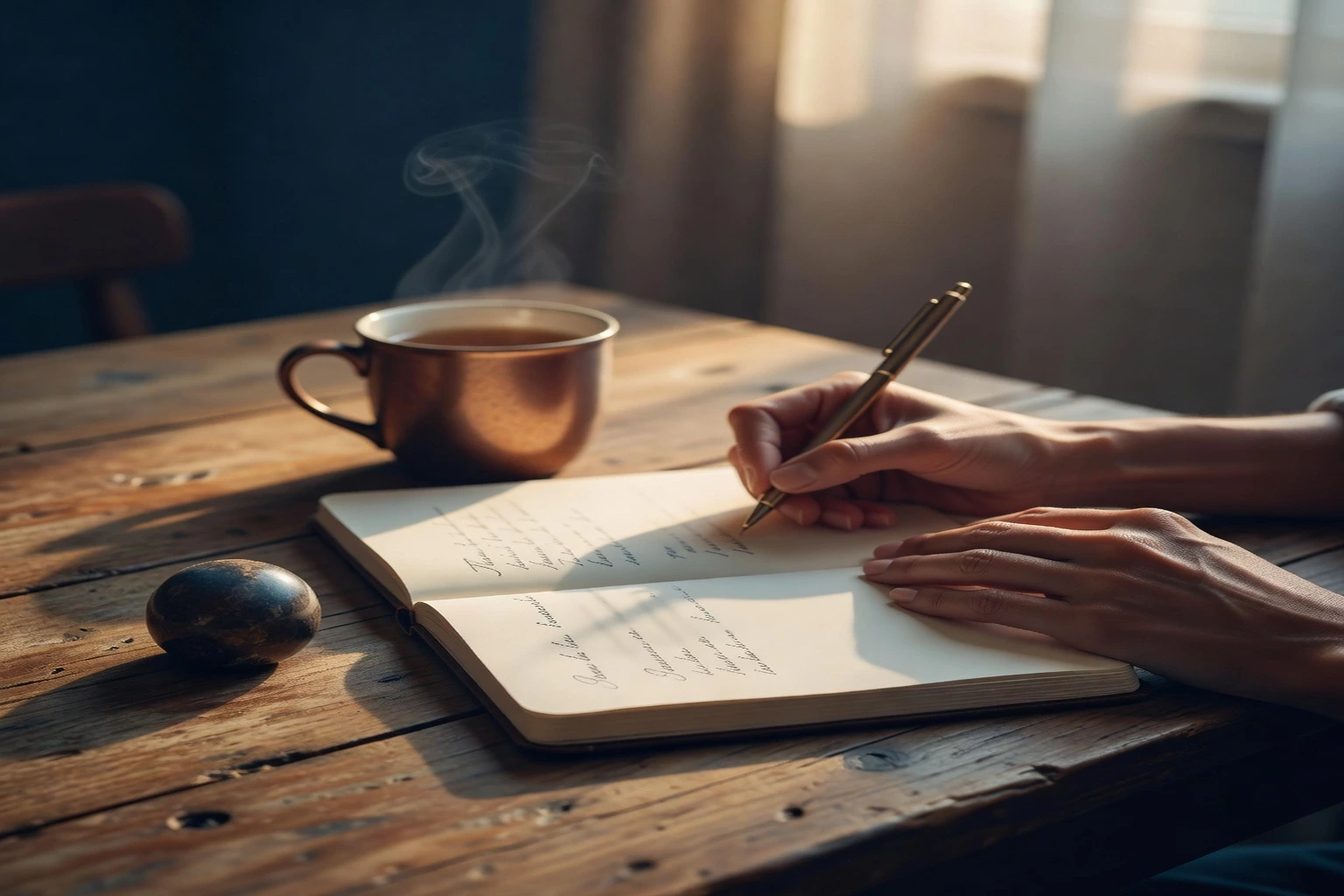 Les mains d'une femme écrivant dans un carnet ouvert posé sur une table de bois, une tasse de thé fumante et un pendule en pierre sombre à côté
