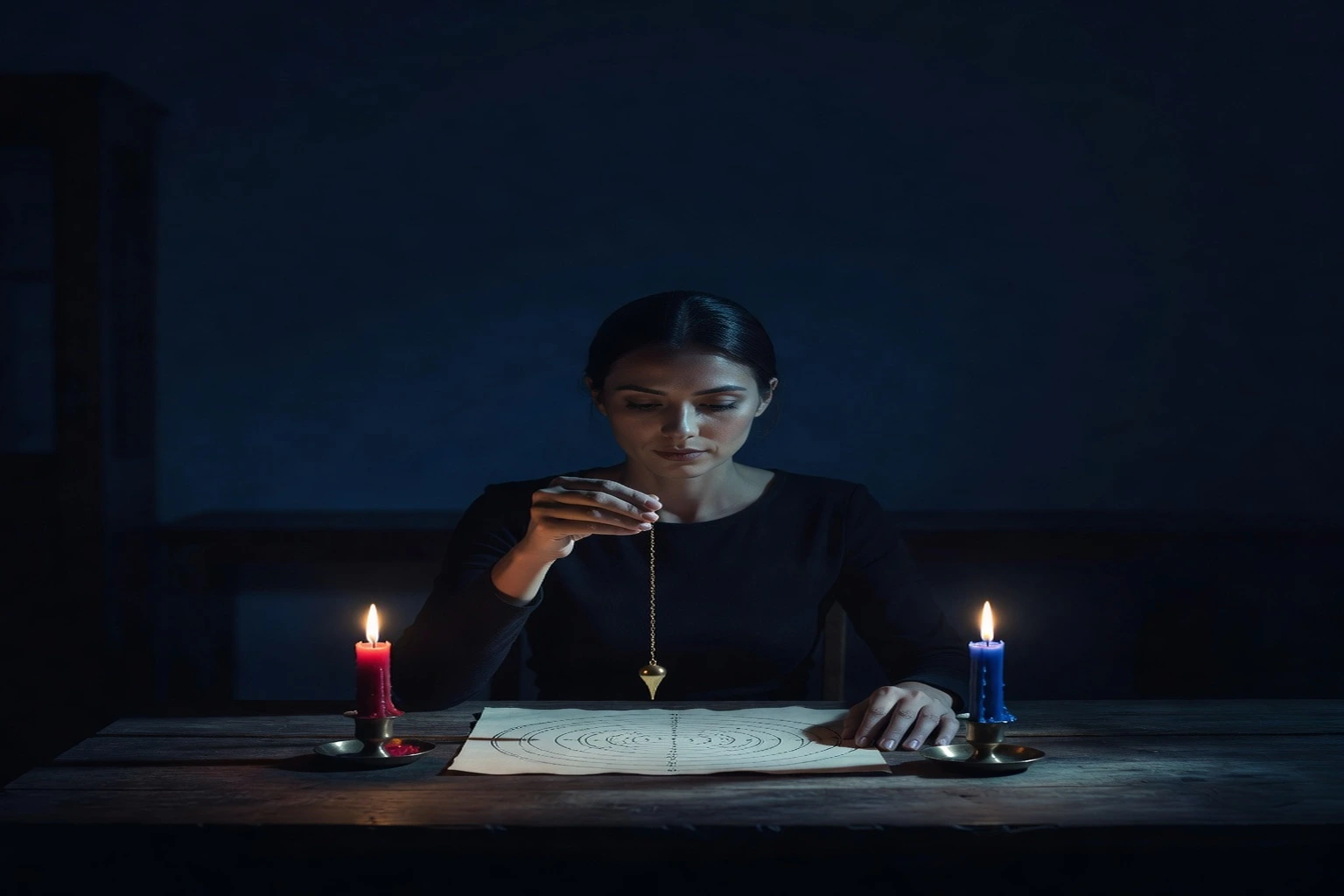 Une femme assise à une table de bois sombre, tenant un pendule en laiton au-dessus d'un cadran de radiesthésie, éclairée par une bougie rouge et une bougie bleue