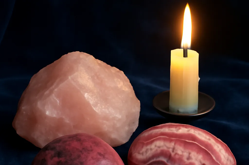 Quartz rose brut, rhodonite polie et rhodochrosite rayée disposés sur un velours bleu nuit, à la lumière d'une bougie, sans aucun texte