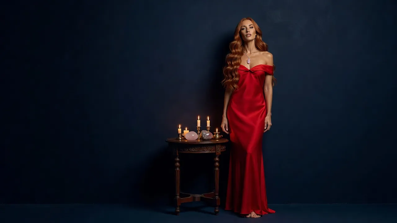 Femme aux longs cheveux cuivrés en robe de soie rouge garance, debout près d'une table ancienne où reposent un quartz rose et une rhodonite à la lueur des bougies