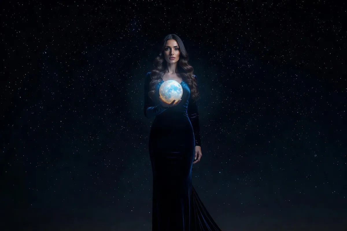 Femme brune en robe de soir bleu nuit tenant une pierre de lune devant un ciel étoilé, visage entièrement visible