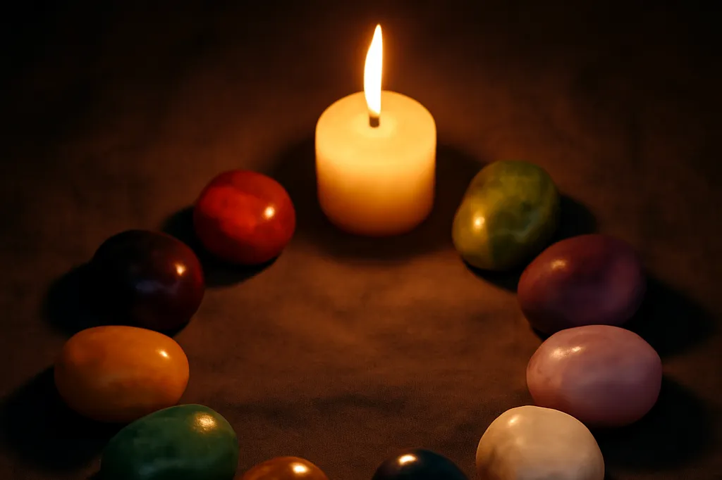Douze pierres roulées de couleurs différentes alignées en cercle sur un tissu de lin sombre, éclairées par la flamme d'une bougie