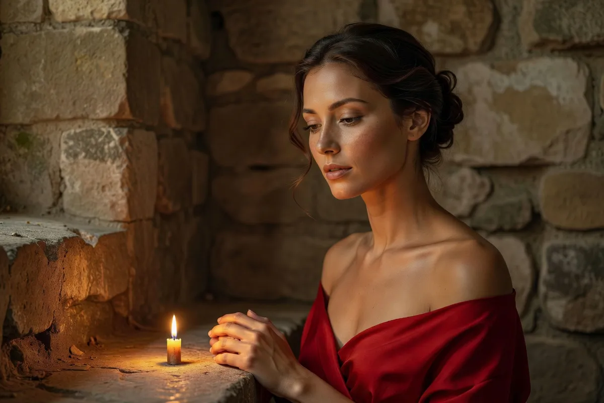 Jeune femme aux cheveux bruns en robe rouge garance, seule dans une chapelle de pierre, les mains jointes à la lueur d'une bougie