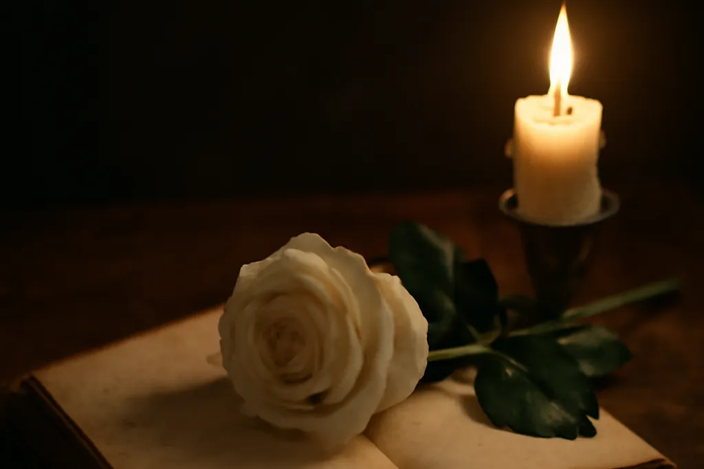 Rose blanche posée sur un vieux livre de prières ouvert, à côté d'une bougie allumée sur une table de bois sombre