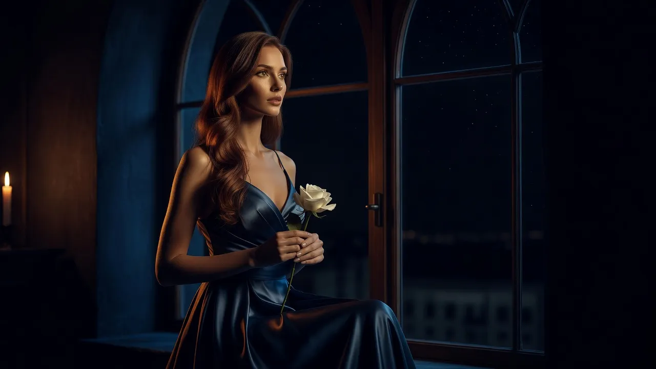 Femme aux cheveux châtains en robe du soir bleu nuit, épaules dénudées, tenant une rose blanche à la lumière d'une bougie, le regard tourné vers la fenêtre