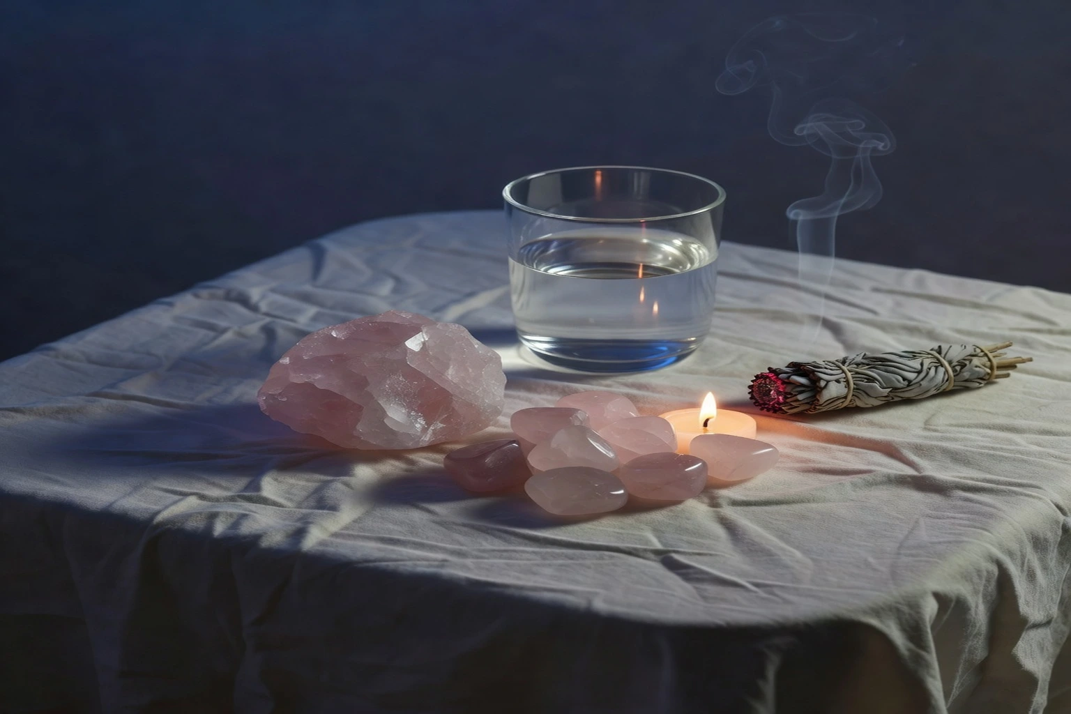 Un bloc brut et des galets polis de quartz rose posés sur une nappe en lin ivoire, à côté d'un verre d'eau et d'un bâton de sauge fumante