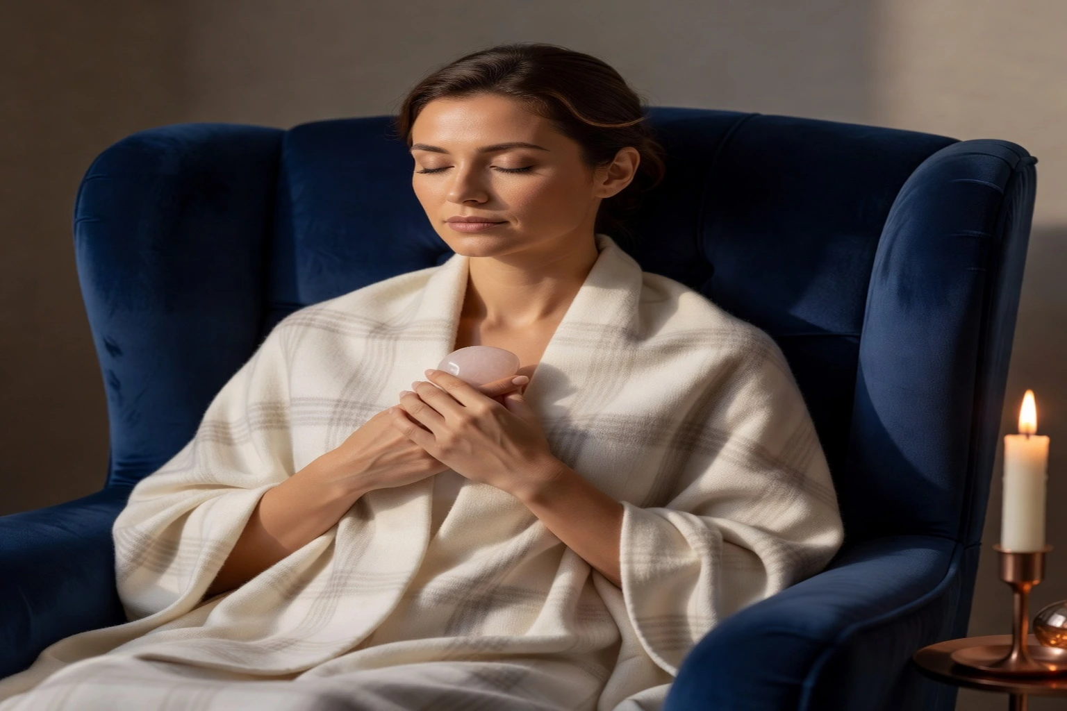 Une femme enveloppée dans un plaid ivoire, assise dans un fauteuil en velours bleu nuit, tenant un galet de quartz rose contre sa poitrine, les yeux fermés