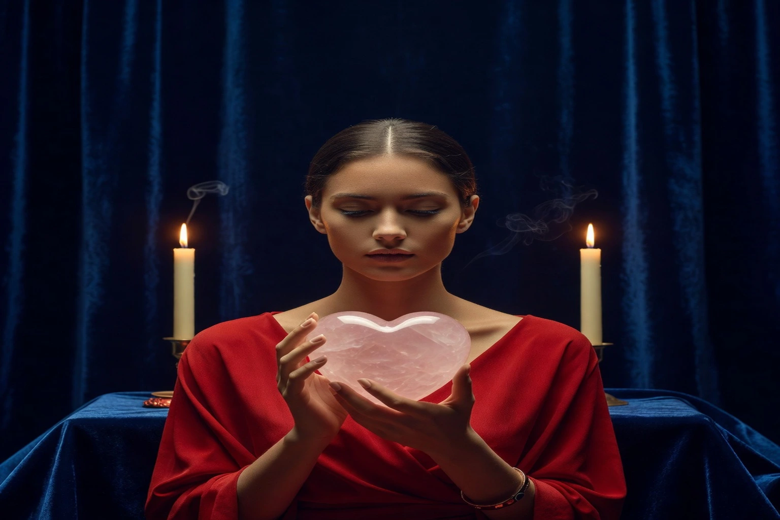 Une femme en robe rouge garance tenant un grand quartz rose en forme de coeur entre les mains, sur un fond de velours bleu nuit éclairé à la bougie