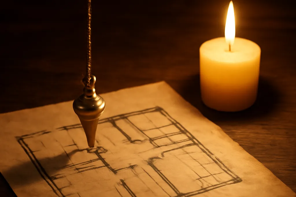 Pendule de laiton suspendu à un fil au-dessus d'un plan de maison dessiné à l'encre sur du papier ancien, à la lueur d'une bougie