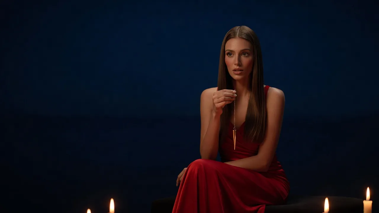 Femme brune en robe du soir rouge garance, épaules dénudées, tenant un pendule de cuivre devant elle à la lueur d'une bougie, assise dans la pénombre bleu nuit