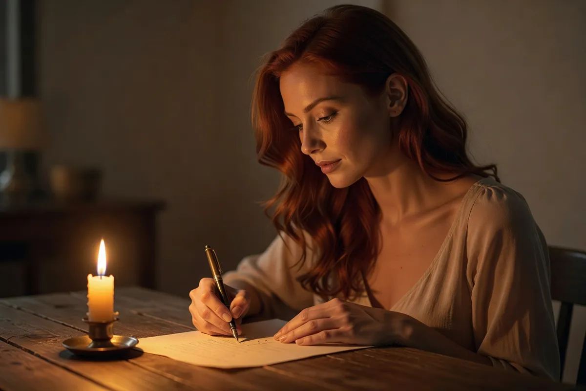 Femme aux cheveux auburn écrivant à la main sur une feuille, à la lueur d'une bougie posée sur une table en bois