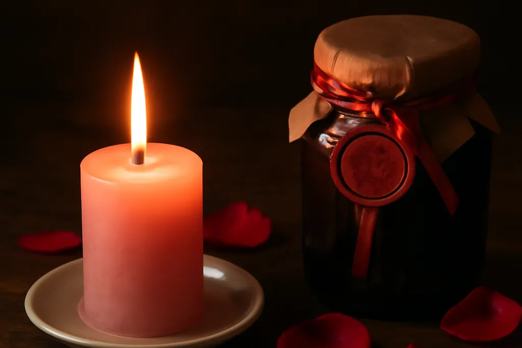 Bougie rose allumée sur une soucoupe, entourée de pétales de rose, d'un bocal fermé par un cachet de cire rouge et d'un ruban