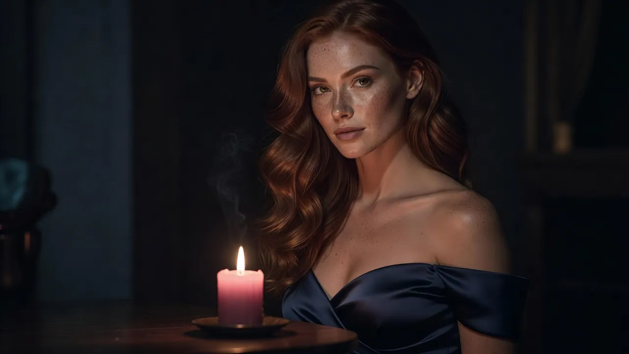 Jeune femme en robe de soirée bleu nuit, épaules dénudées, éclairée par une bougie rose posée devant elle