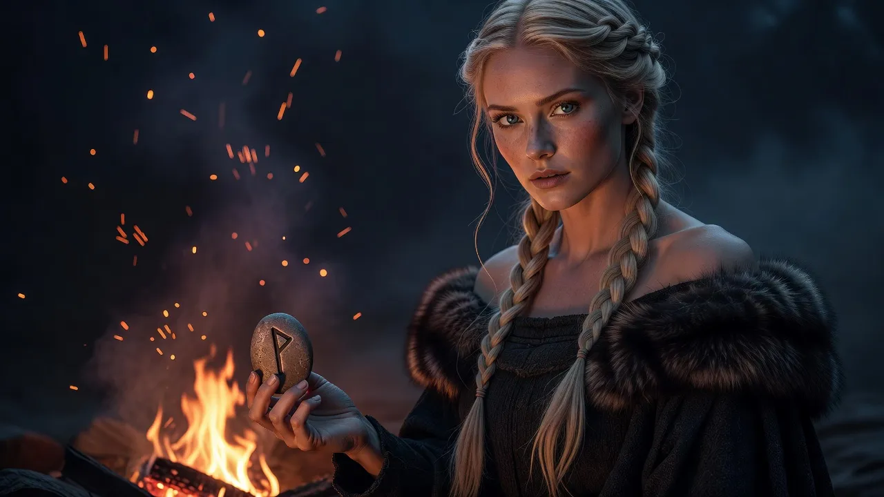 Jeune femme blonde aux cheveux tressés, robe de laine sombre aux épaules dénudées, tenant une petite pierre gravée d'un signe runique près d'un feu de bois