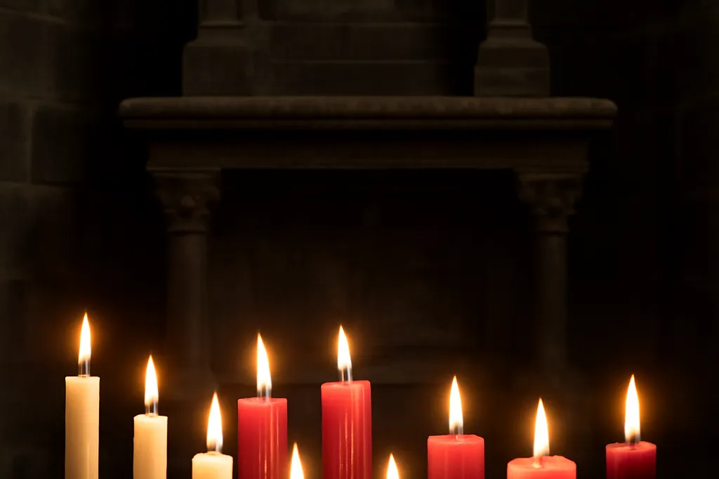 Rangée de cierges de cire blanche et de bougies rouges et violettes allumées devant l'autel sombre d'une chapelle de pierre
