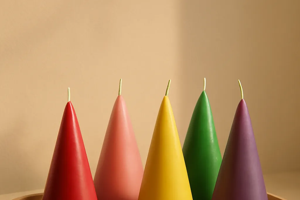 Bougies coniques rouge, rose, jaune, verte et violette posées sur un plateau de bois clair devant un mur beige, lumière douce de fin de journée