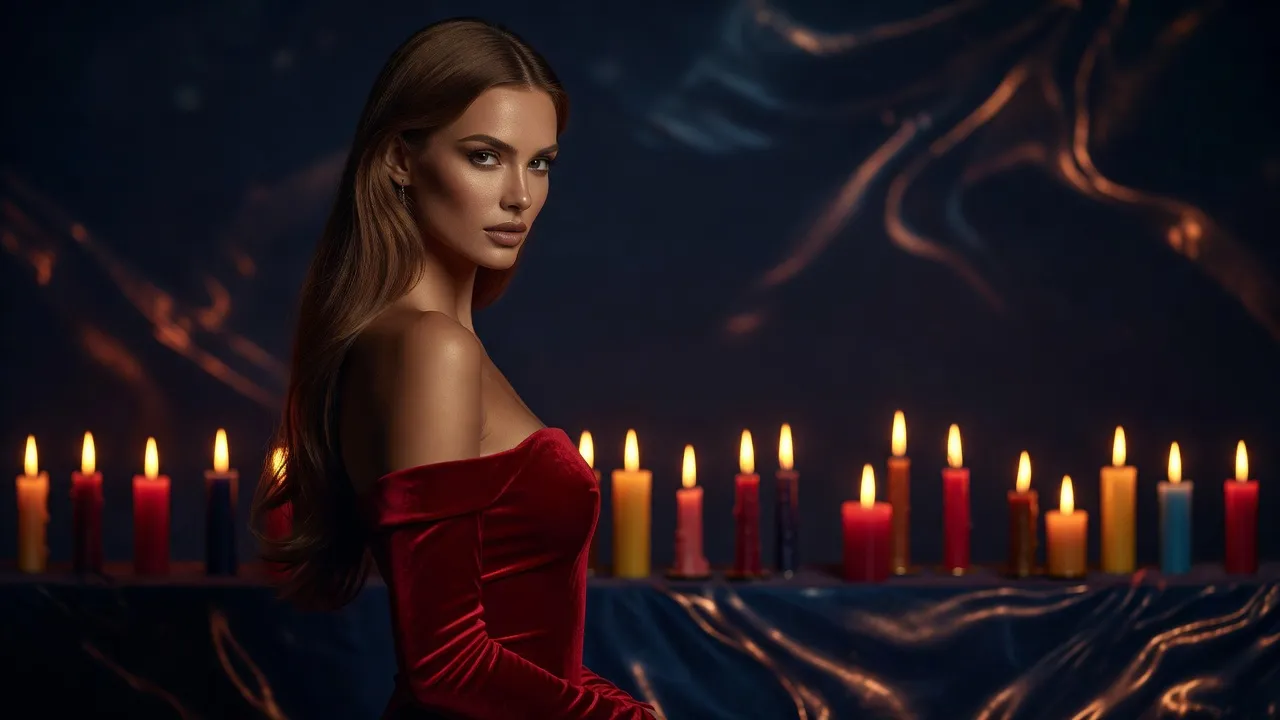 Jeune femme aux longs cheveux châtains, en robe rouge garance à épaules dénudées, devant un alignement de bougies de couleurs différentes allumées dans la pénombre